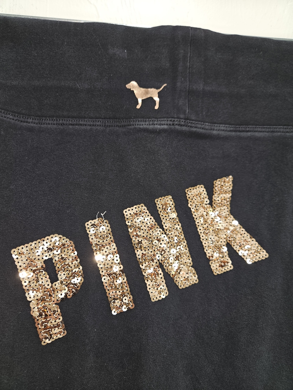 Victoria's Secret PINK Black Sequin Logo Rose Gold Leggings Women's Large - Picture 4 of 13